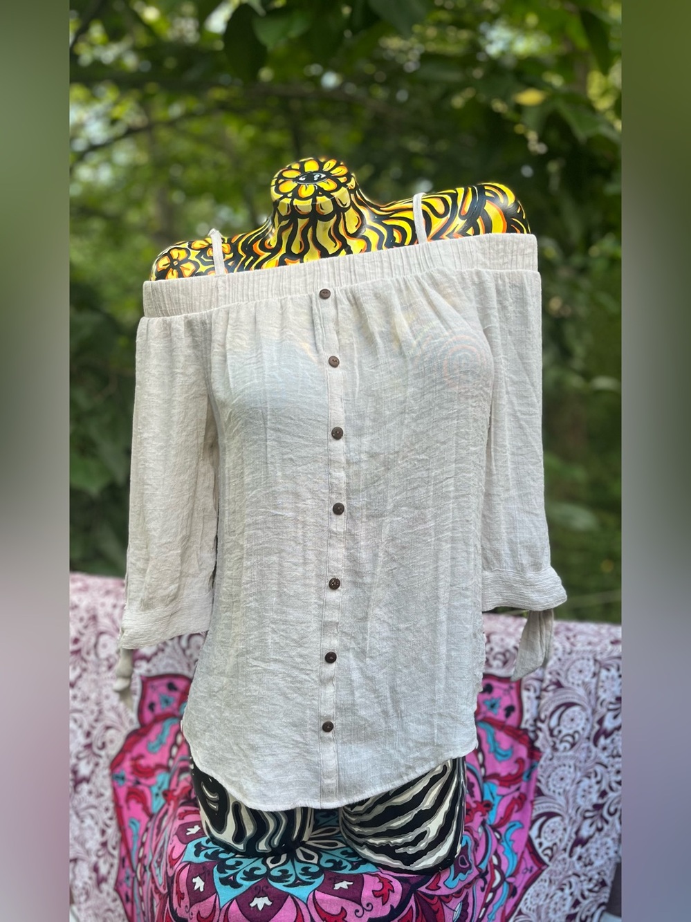 A. Byer Cream Off-Shoulder Button-Front Women's Top